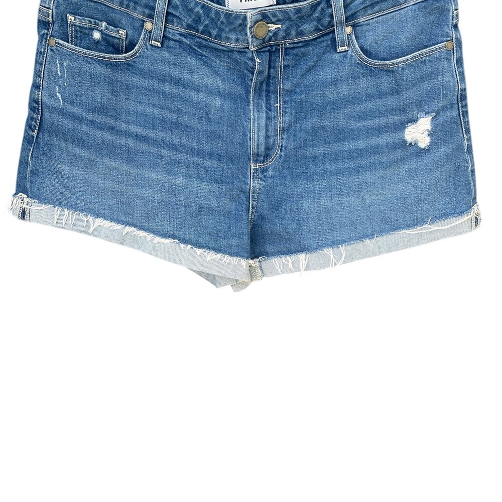 PAIGE Blue Jean Shorts with Distressed Details and Rolled Cuffs